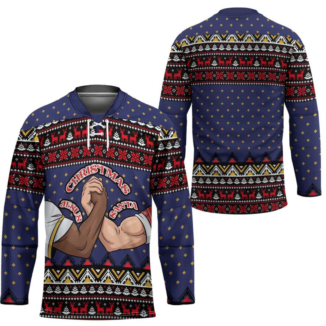 Santa And Jesus Christmas Christmas Hockey Jersey Xmas Holiday Patterns - Wonder Print Shop