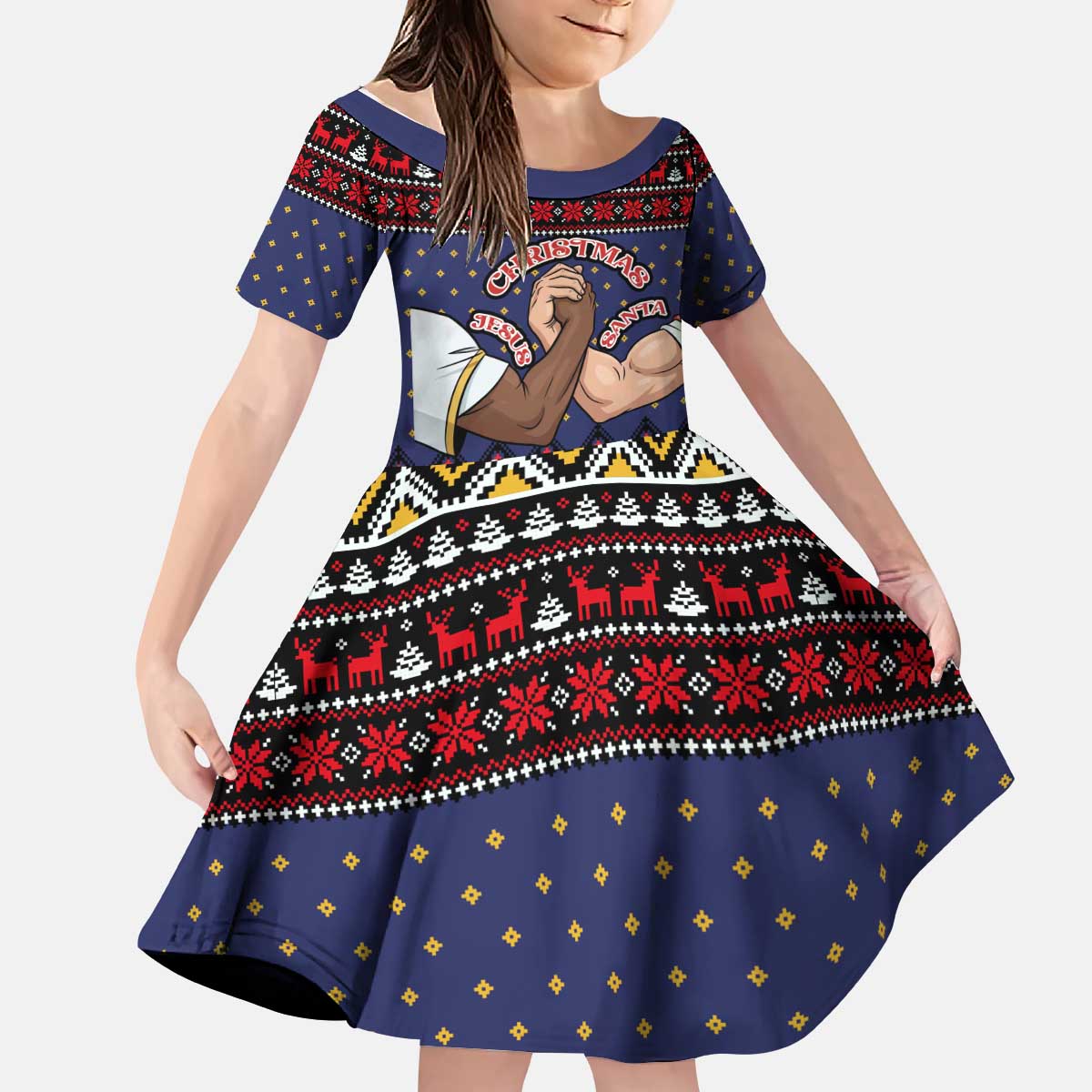 Santa And Jesus Christmas Christmas Kid Short Sleeve Dress Xmas Holiday Patterns - Wonder Print Shop