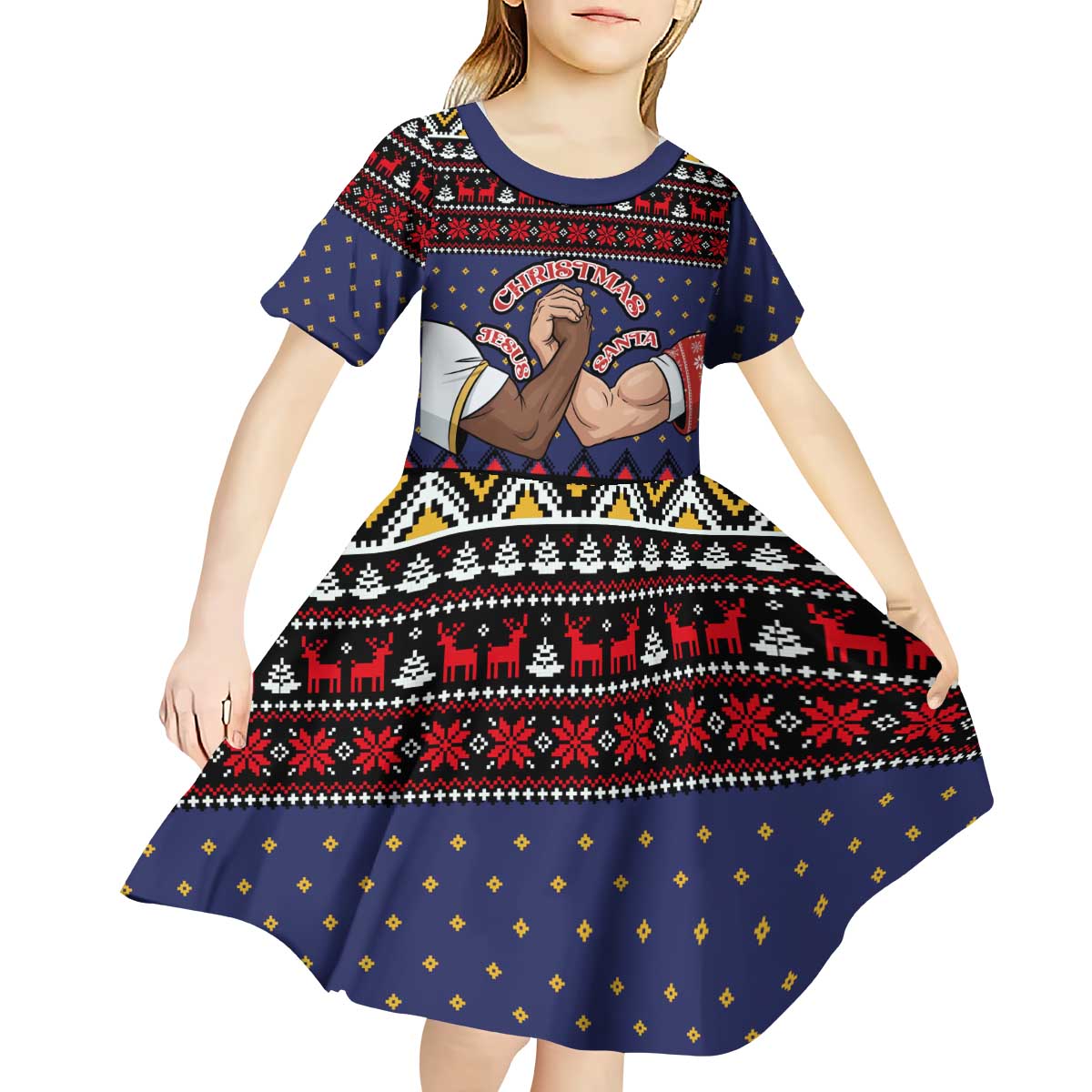 Santa And Jesus Christmas Christmas Kid Short Sleeve Dress Xmas Holiday Patterns - Wonder Print Shop