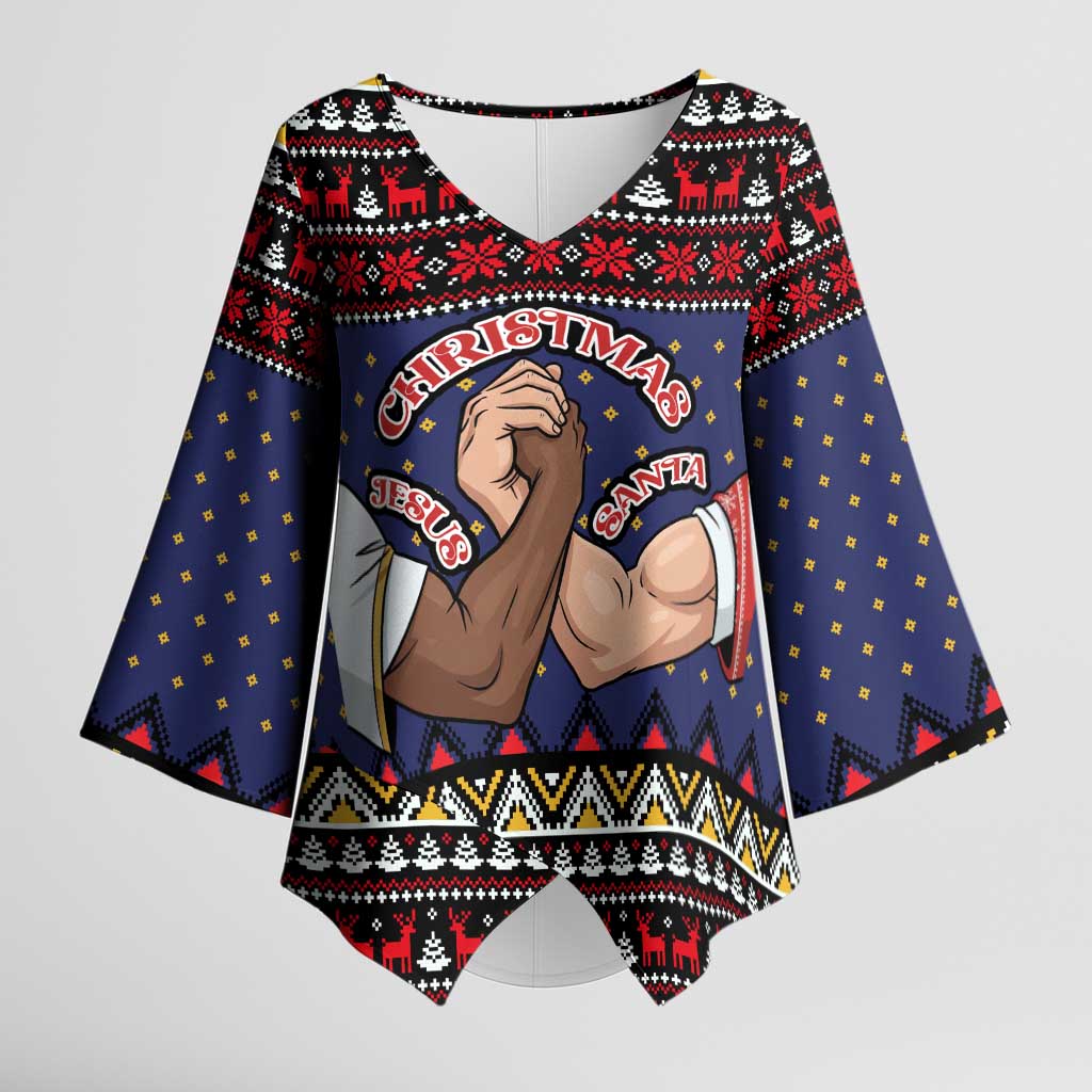 Santa And Jesus Christmas Christmas Kimono Sleeve Blouse Xmas Holiday Patterns - Wonder Print Shop