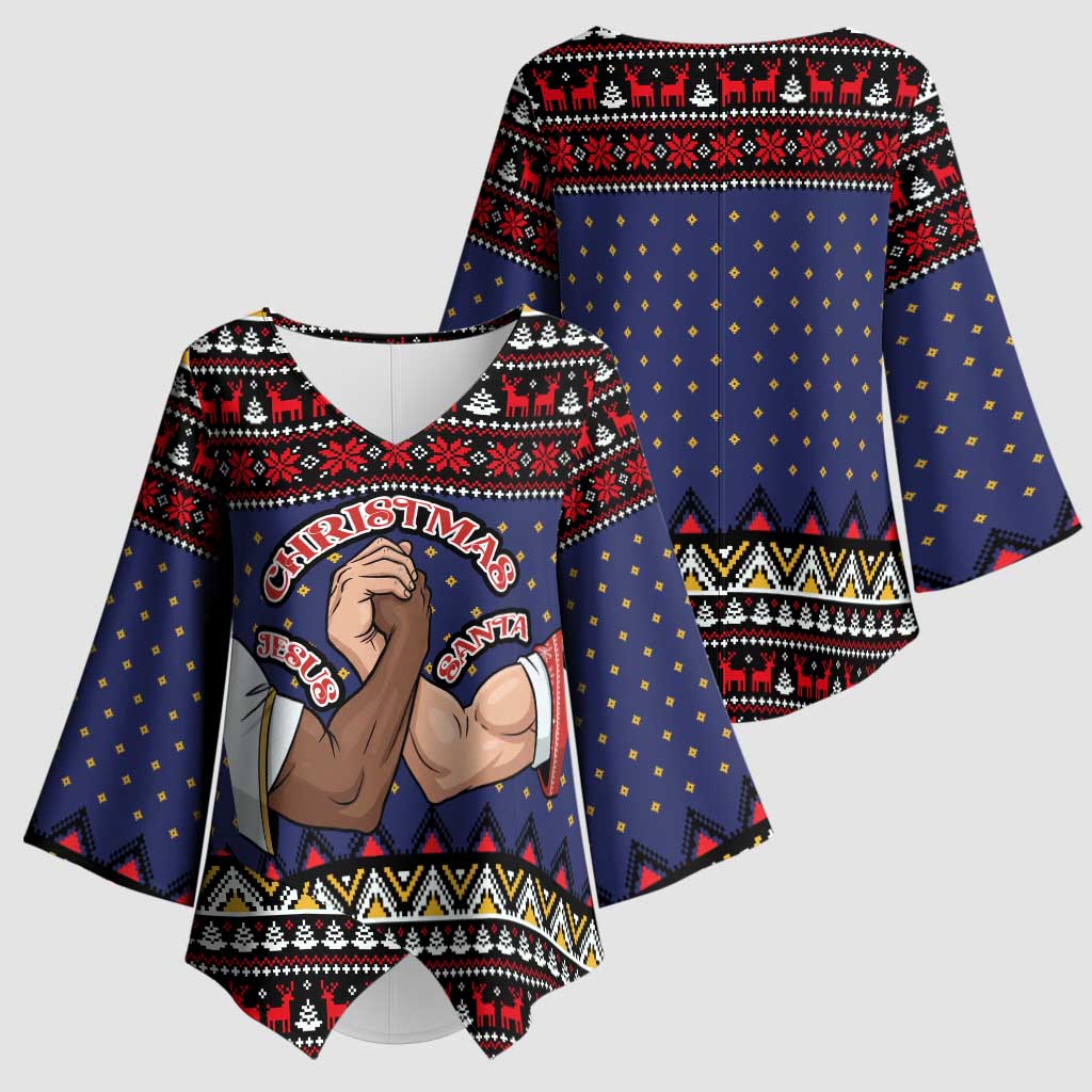 Santa And Jesus Christmas Christmas Kimono Sleeve Blouse Xmas Holiday Patterns - Wonder Print Shop