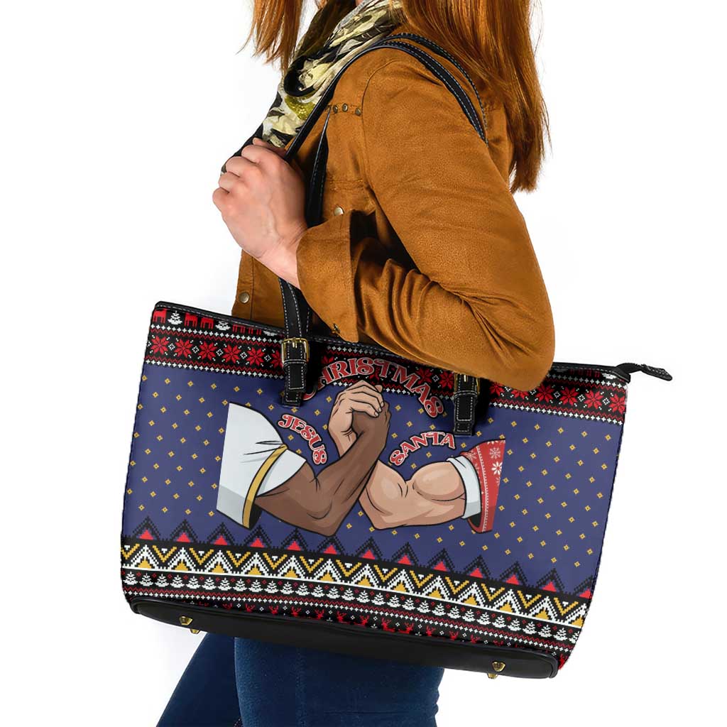 Santa And Jesus Christmas Christmas Leather Tote Bag Xmas Holiday Patterns - Wonder Print Shop