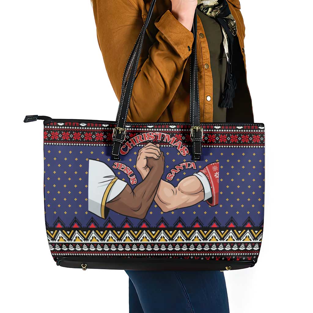 Santa And Jesus Christmas Christmas Leather Tote Bag Xmas Holiday Patterns - Wonder Print Shop