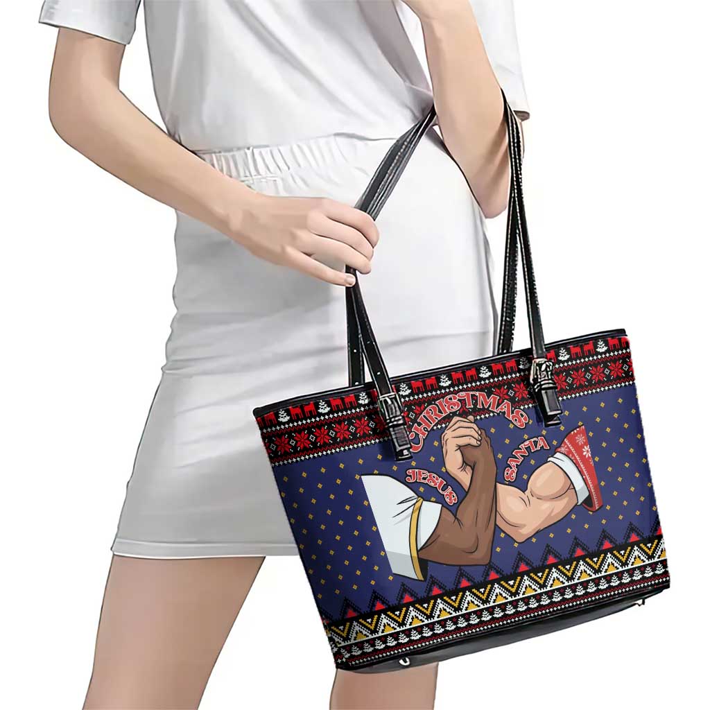 Santa And Jesus Christmas Christmas Leather Tote Bag Xmas Holiday Patterns - Wonder Print Shop