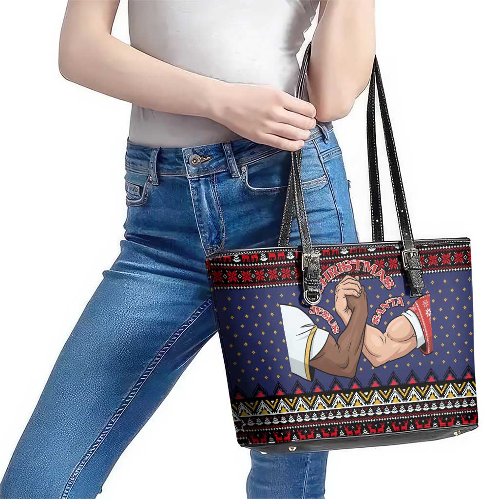 Santa And Jesus Christmas Christmas Leather Tote Bag Xmas Holiday Patterns - Wonder Print Shop