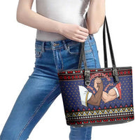 Santa And Jesus Christmas Christmas Leather Tote Bag Xmas Holiday Patterns - Wonder Print Shop