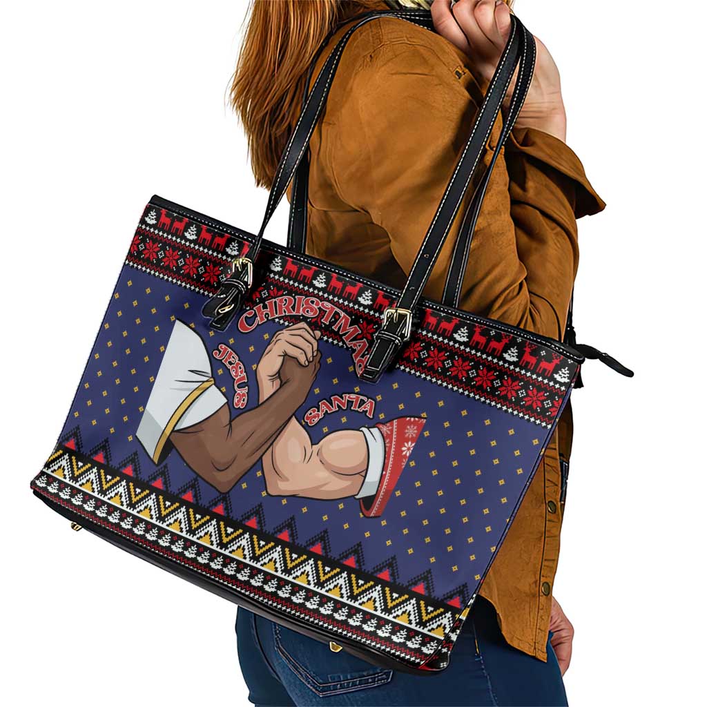 Santa And Jesus Christmas Christmas Leather Tote Bag Xmas Holiday Patterns - Wonder Print Shop