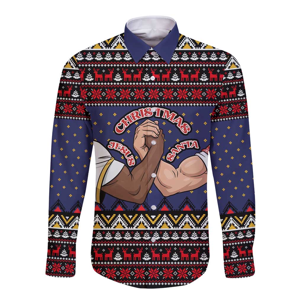 Santa And Jesus Christmas Christmas Long Sleeve Button Shirt Xmas Holiday Patterns - Wonder Print Shop