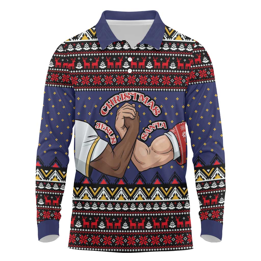 Santa And Jesus Christmas Christmas Long Sleeve Polo Shirt Xmas Holiday Patterns - Wonder Print Shop