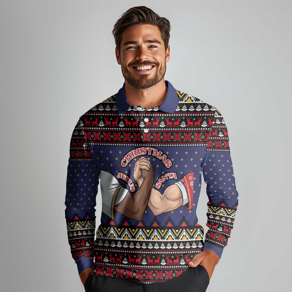 Santa And Jesus Christmas Christmas Long Sleeve Polo Shirt Xmas Holiday Patterns - Wonder Print Shop