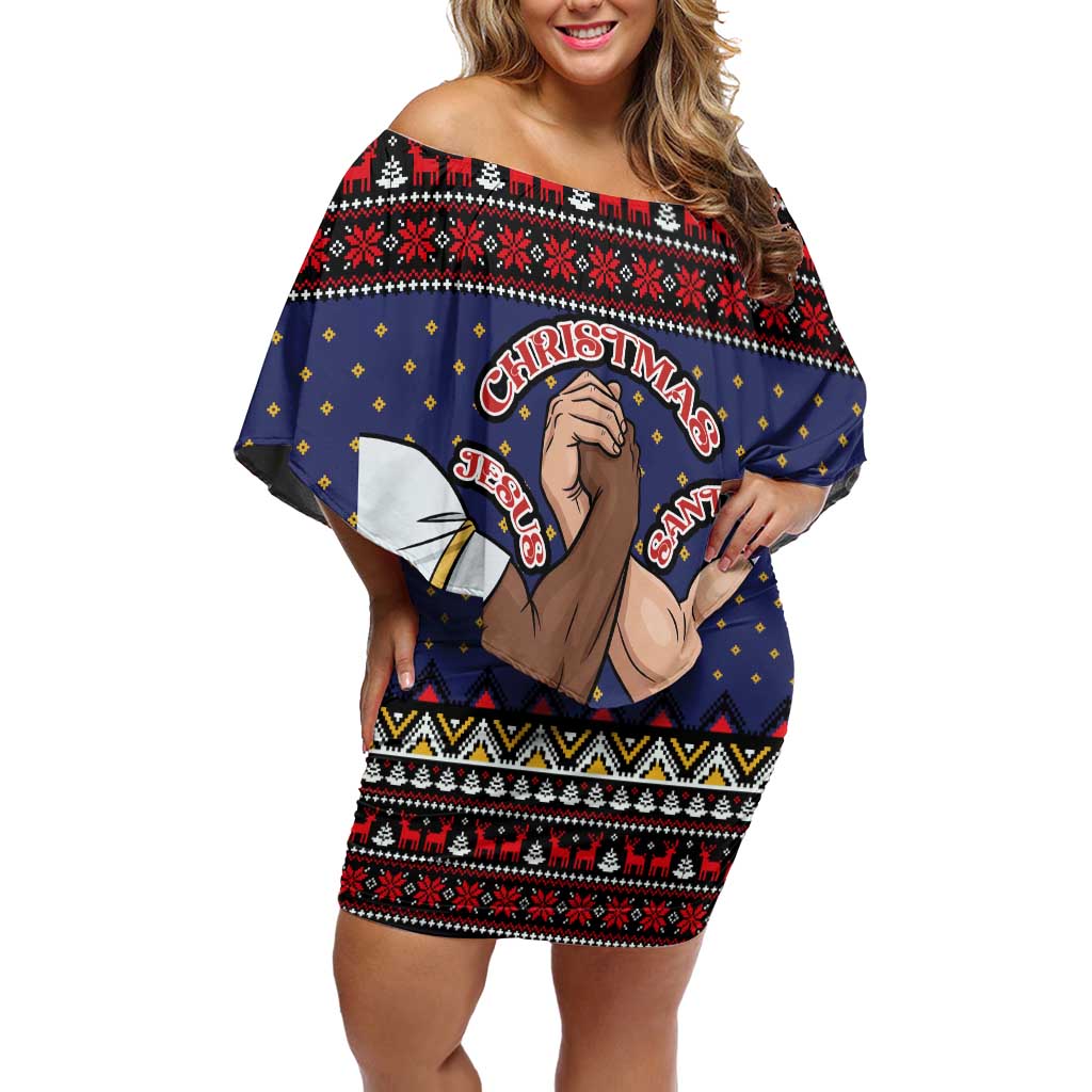Santa And Jesus Christmas Christmas Off Shoulder Short Dress Xmas Holiday Patterns - Wonder Print Shop