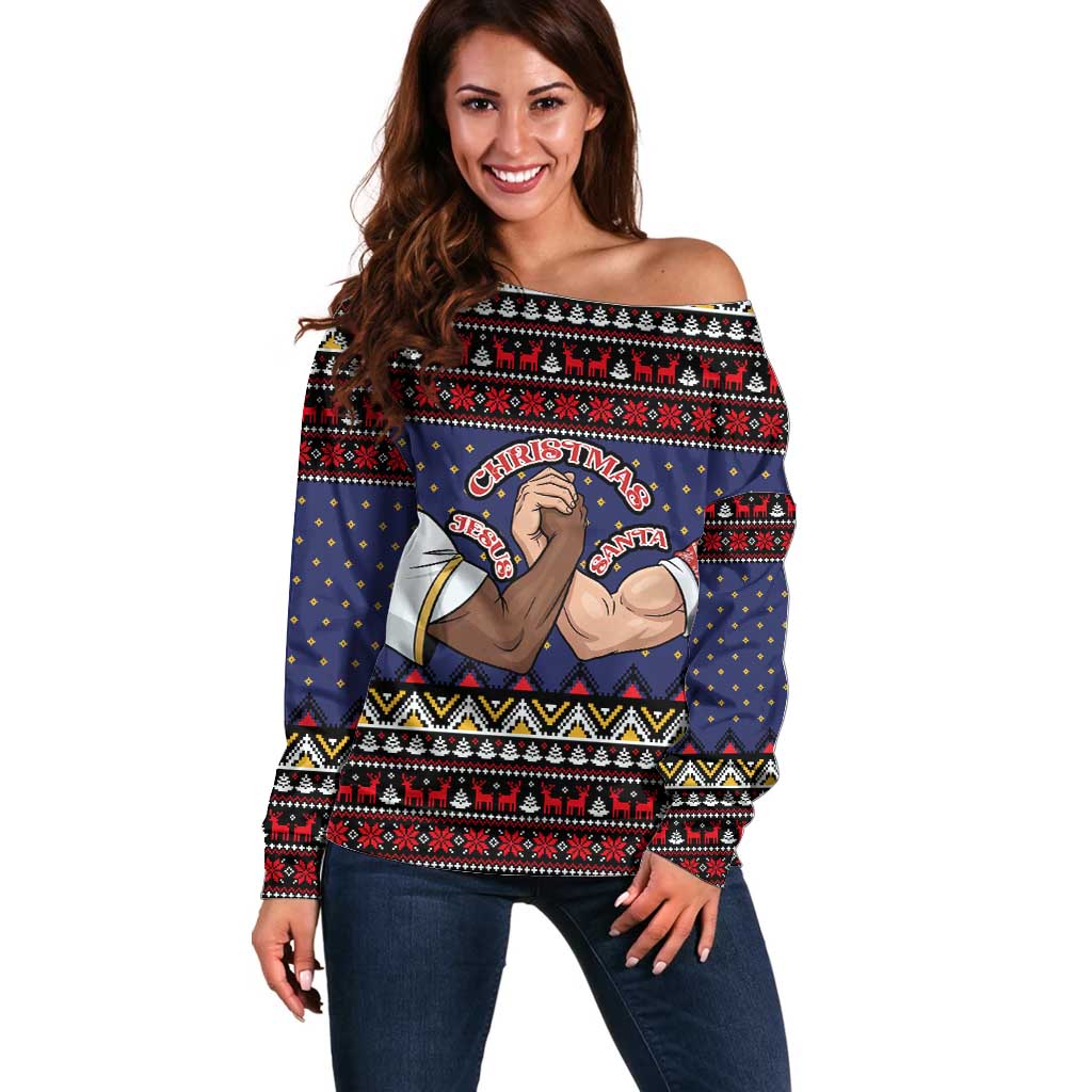 Santa And Jesus Christmas Christmas Off Shoulder Sweater Xmas Holiday Patterns - Wonder Print Shop