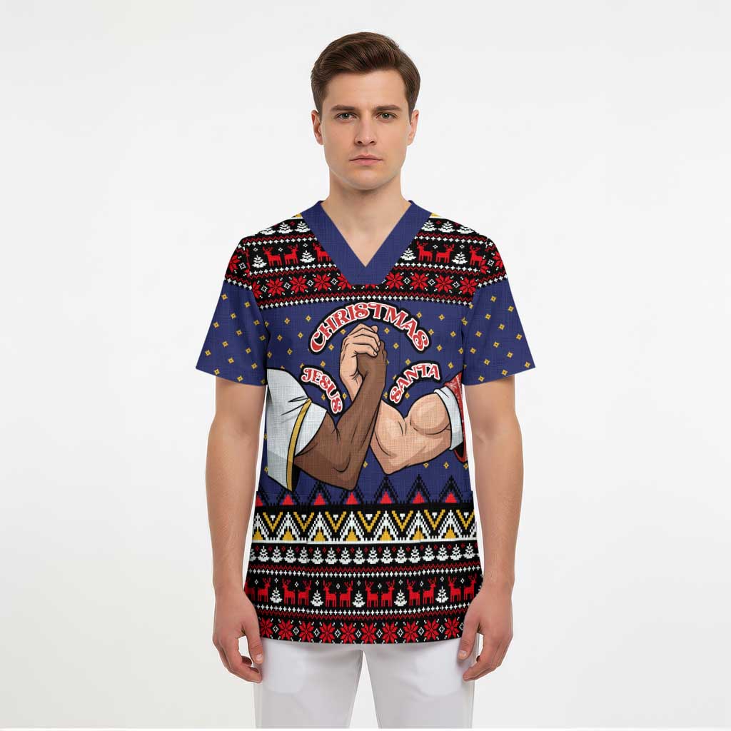 Santa And Jesus Christmas Christmas Scrub Top Xmas Holiday Patterns - Wonder Print Shop
