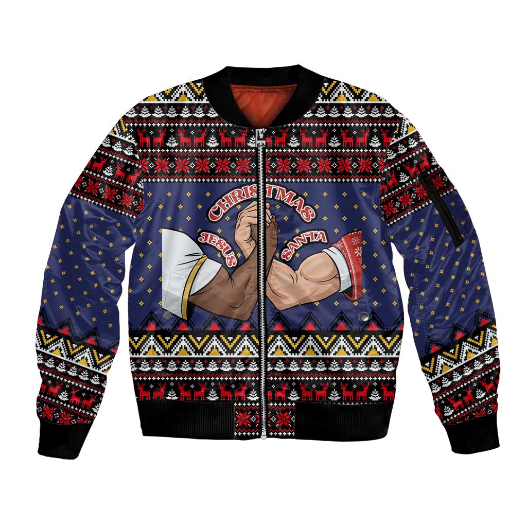 Santa And Jesus Christmas Christmas Sleeve Zip Bomber Jacket Xmas Holiday Patterns - Wonder Print Shop