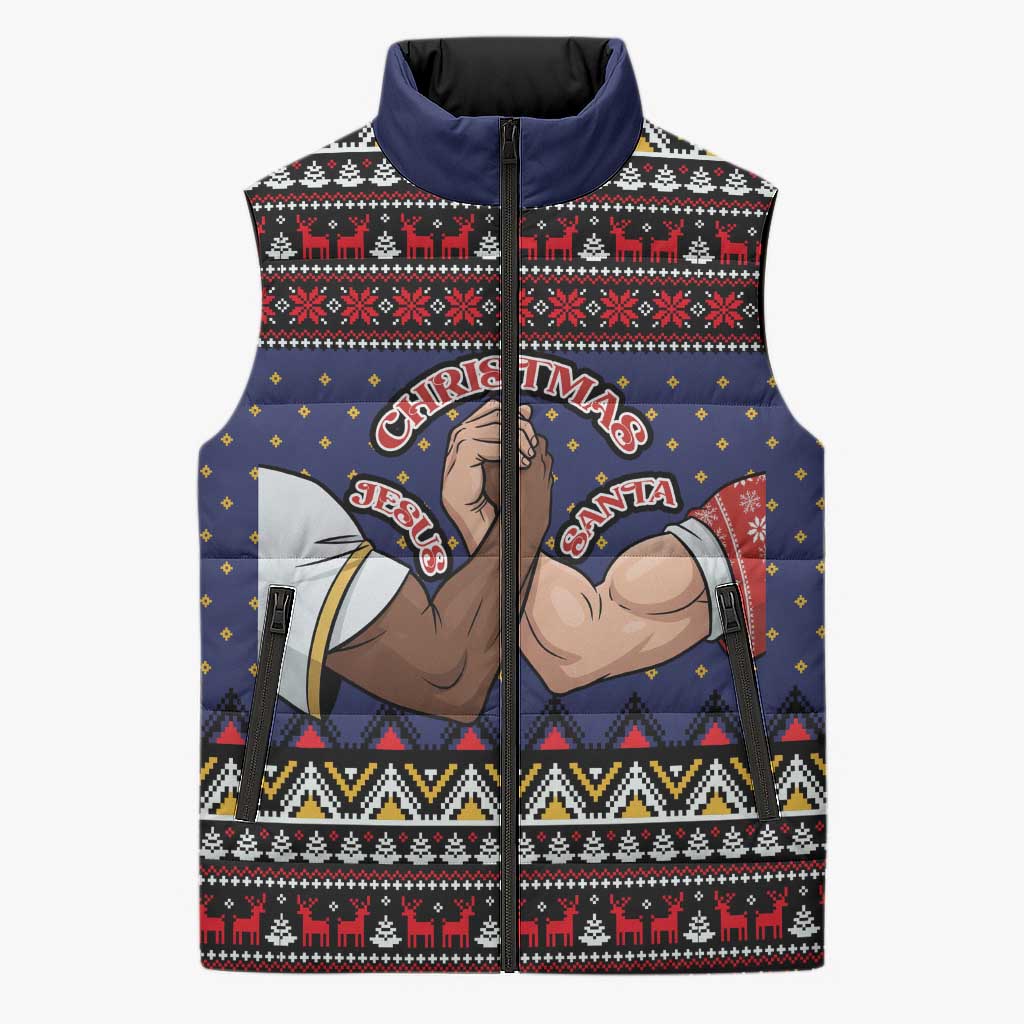 Santa And Jesus Christmas Christmas Sleeveless Puffer Jacket Xmas Holiday Patterns - Wonder Print Shop