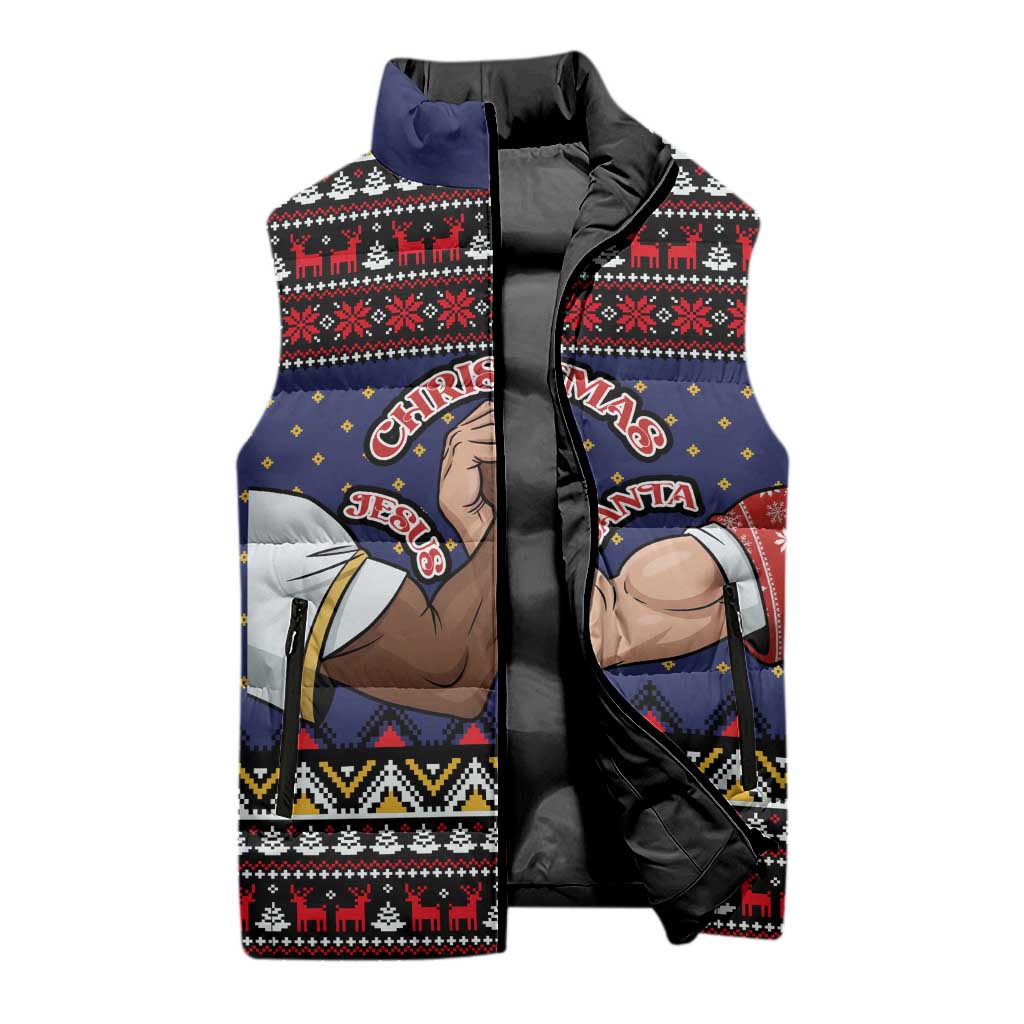 Santa And Jesus Christmas Christmas Sleeveless Puffer Jacket Xmas Holiday Patterns - Wonder Print Shop