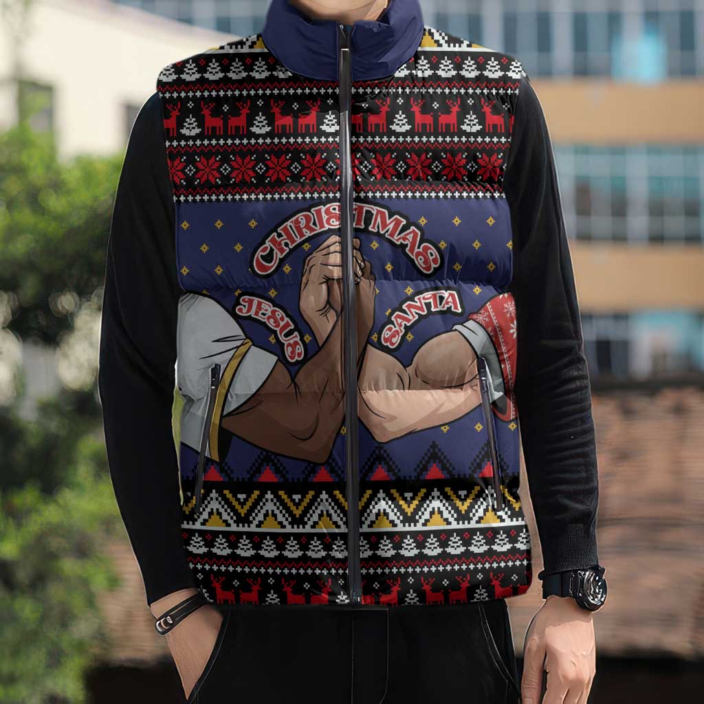Santa And Jesus Christmas Christmas Sleeveless Puffer Jacket Xmas Holiday Patterns - Wonder Print Shop