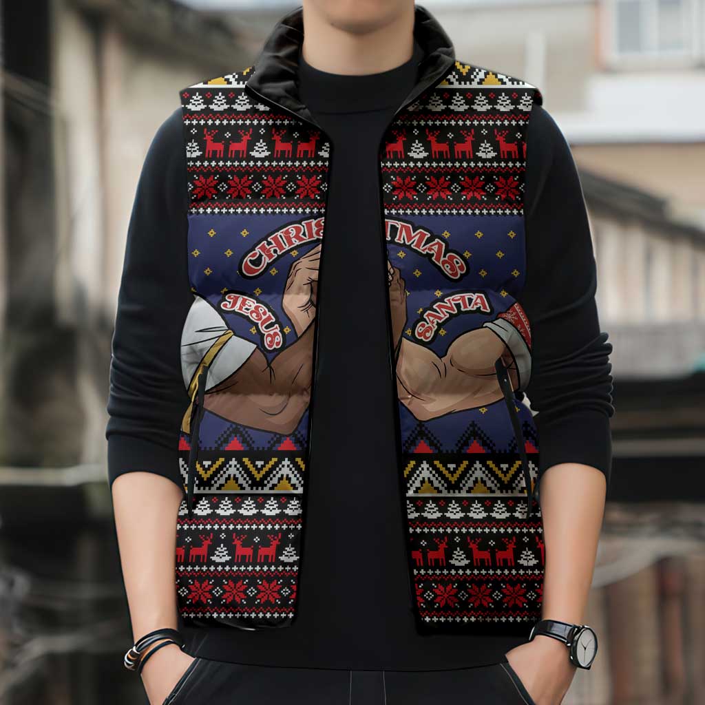Santa And Jesus Christmas Christmas Sleeveless Puffer Jacket Xmas Holiday Patterns - Wonder Print Shop