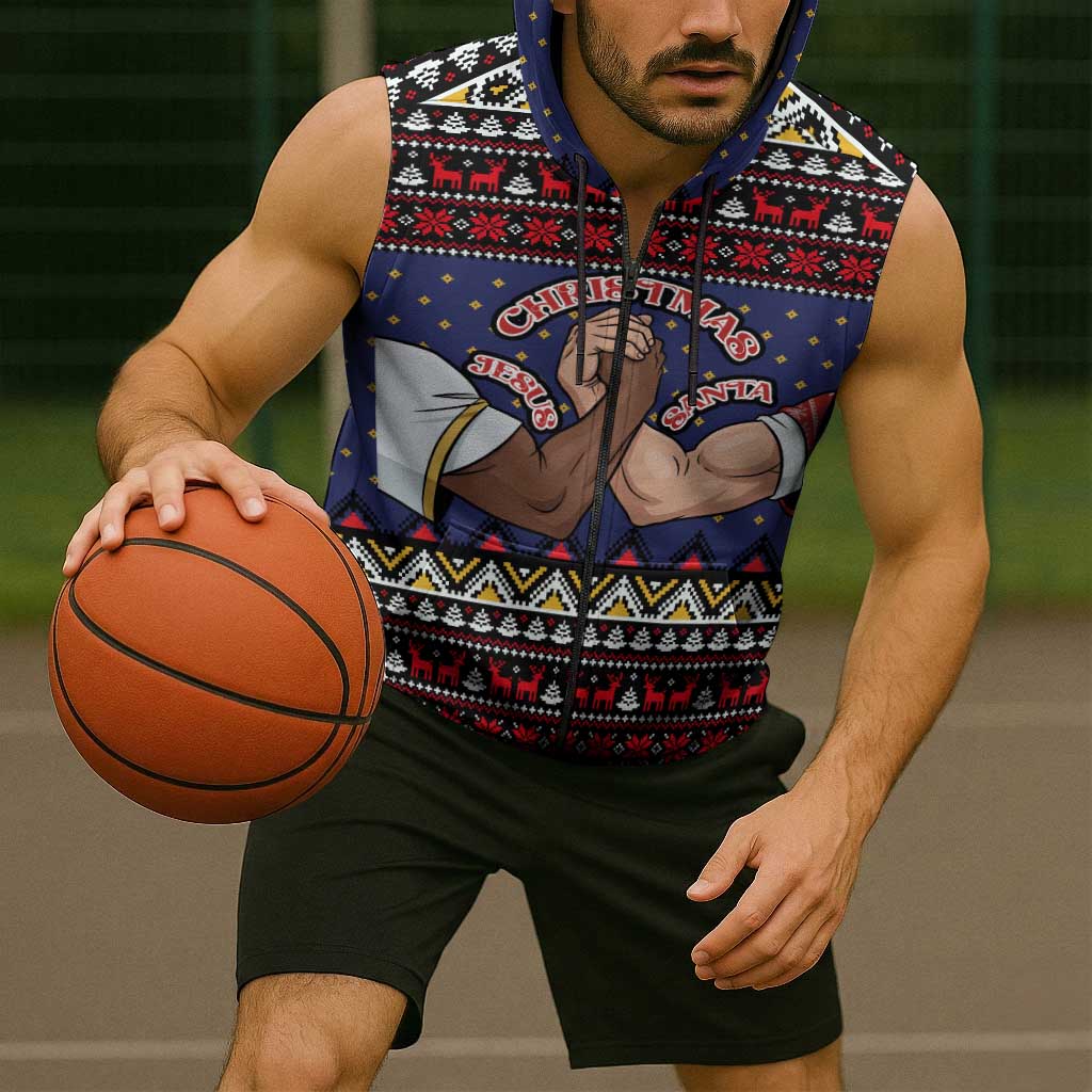 Santa And Jesus Christmas Christmas Sleeveless Zip Hoodie Xmas Holiday Patterns - Wonder Print Shop