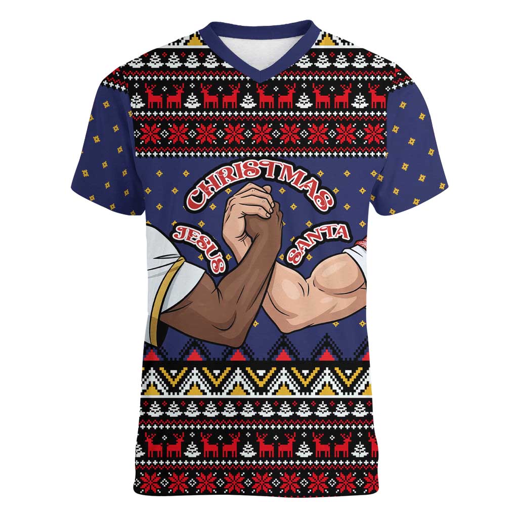 Santa And Jesus Christmas Christmas Women V-Neck T-Shirt Xmas Holiday Patterns - Wonder Print Shop