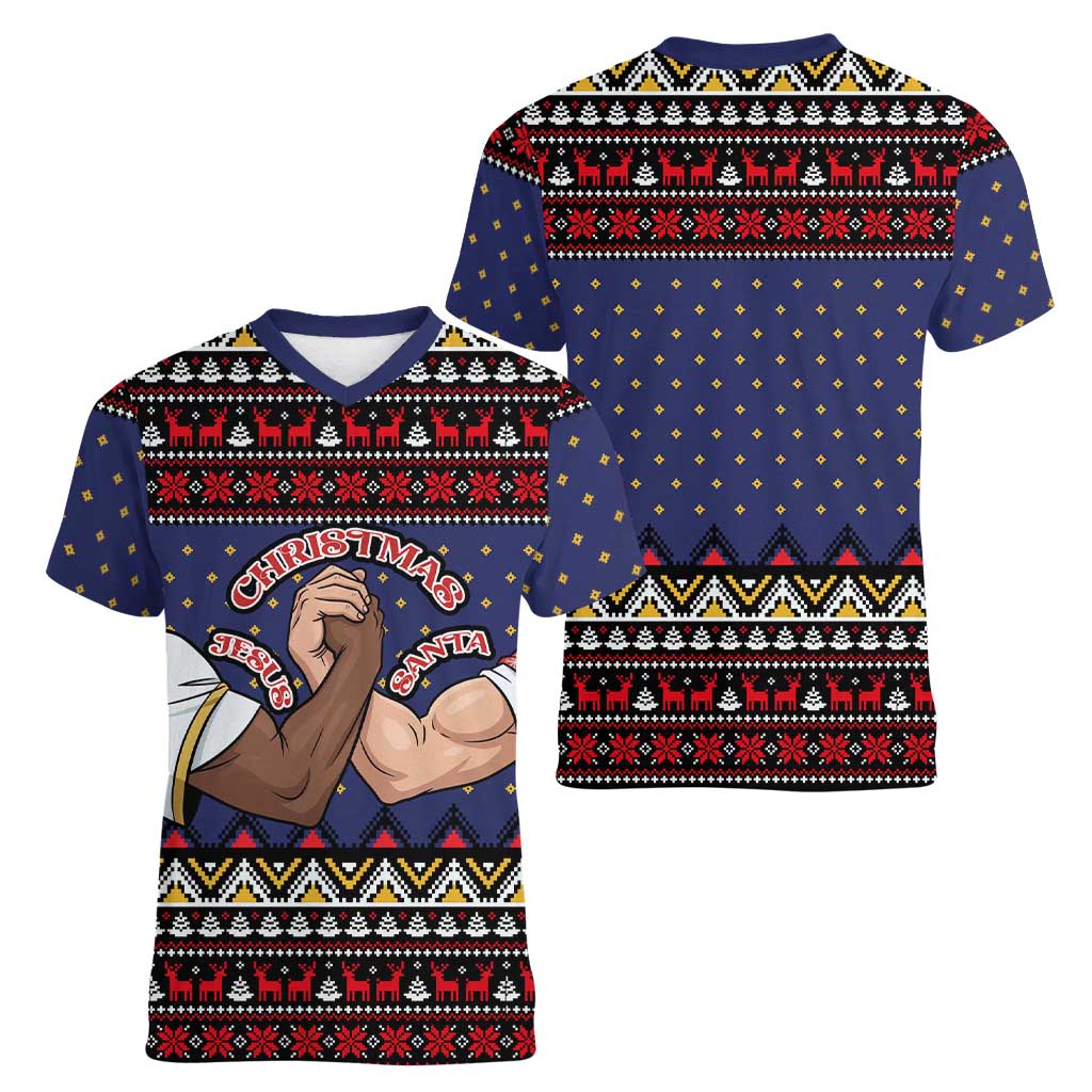 Santa And Jesus Christmas Christmas Women V-Neck T-Shirt Xmas Holiday Patterns - Wonder Print Shop