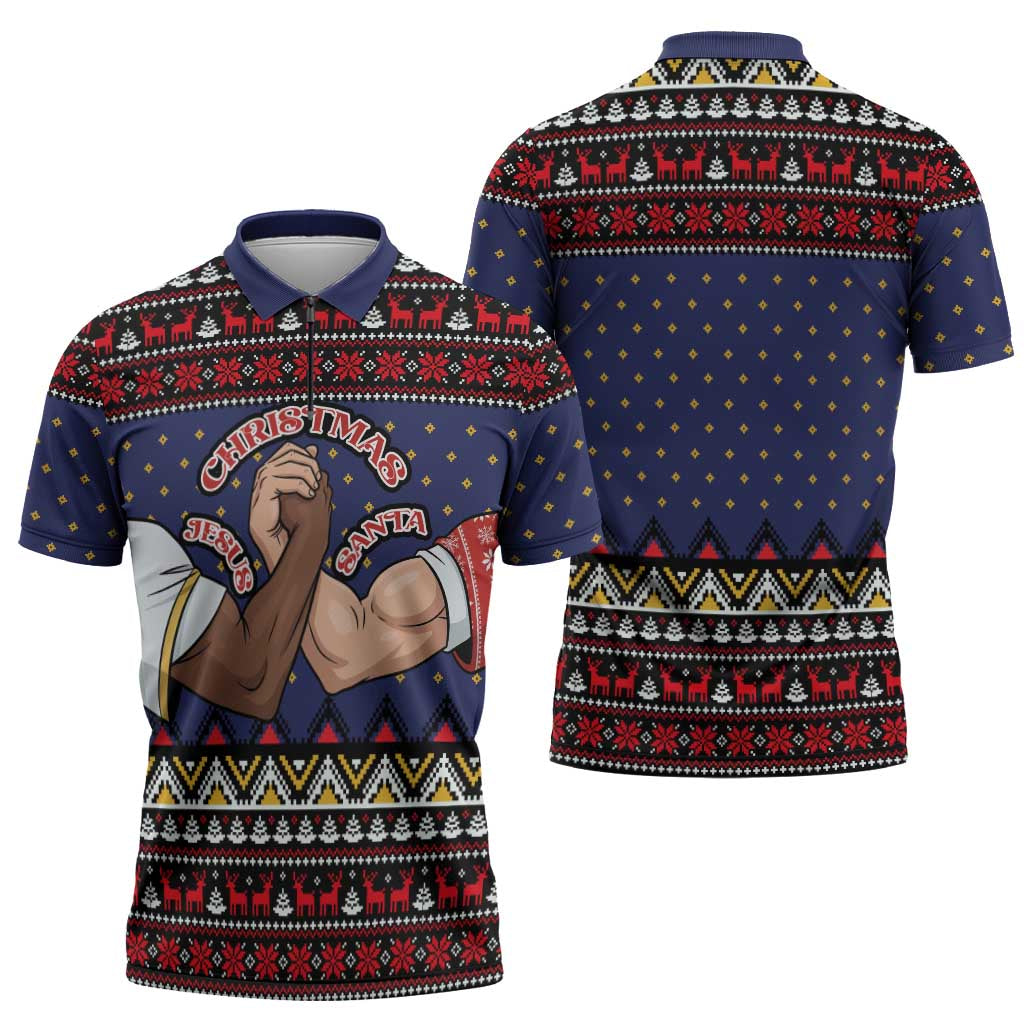 Santa And Jesus Christmas Christmas Zipper Polo Shirt Xmas Holiday Patterns - Wonder Print Shop