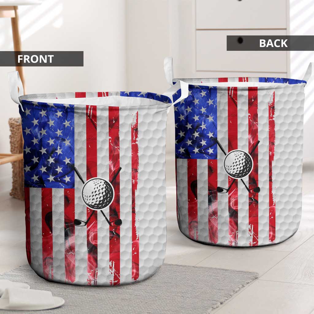 Golf Ball and Clubs Laundry Basket with American Flag Smoke Effect and Hexagon Pattern - Wonder Print Shop