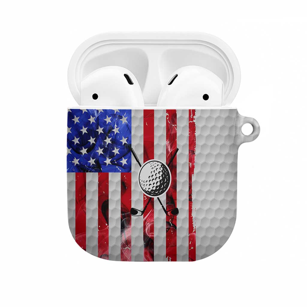 Golf Ball and Clubs AirPods Case with American Flag Smoke Effect and Hexagon Pattern - Wonder Print Shop