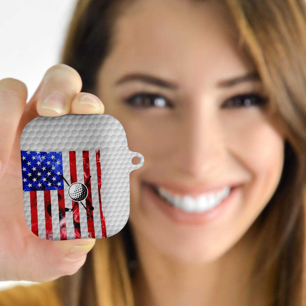 Golf Ball and Clubs AirPods Case with American Flag Smoke Effect and Hexagon Pattern - Wonder Print Shop