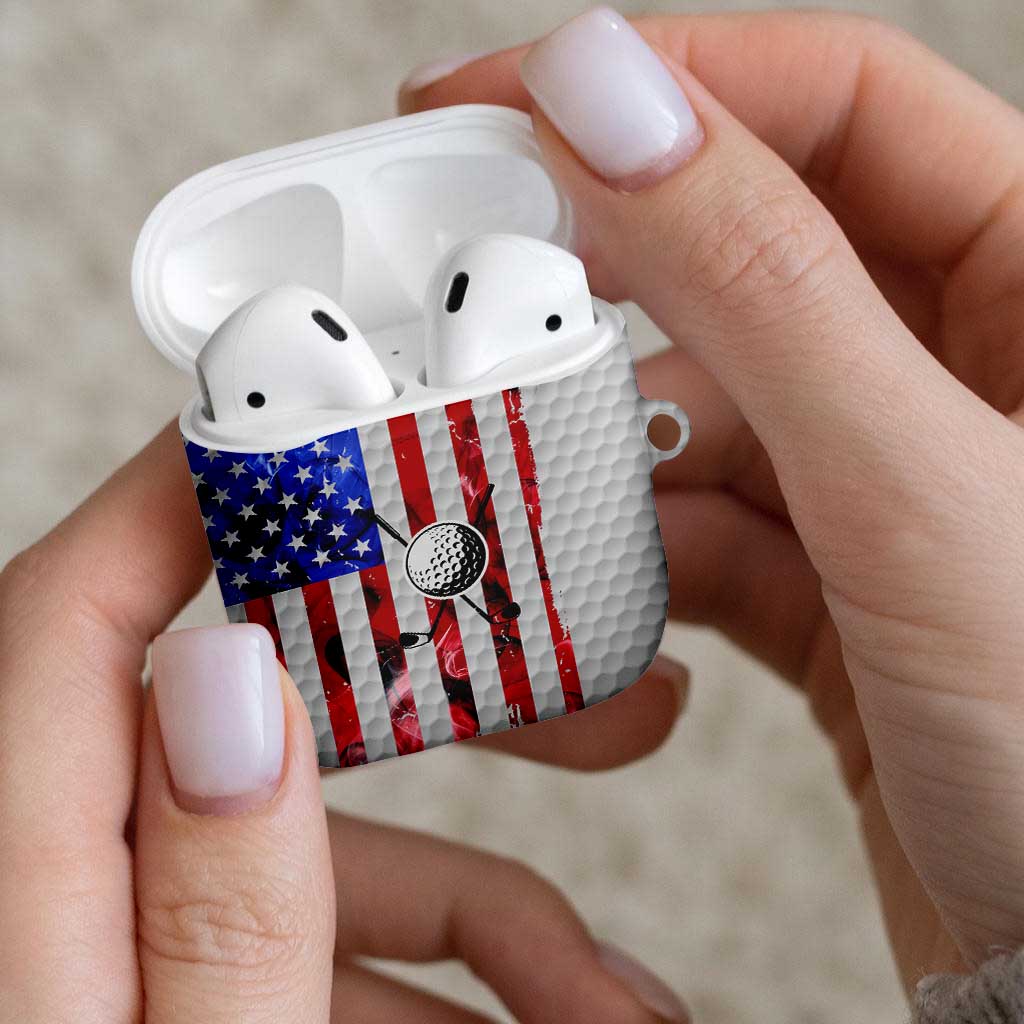 Golf Ball and Clubs AirPods Case with American Flag Smoke Effect and Hexagon Pattern - Wonder Print Shop