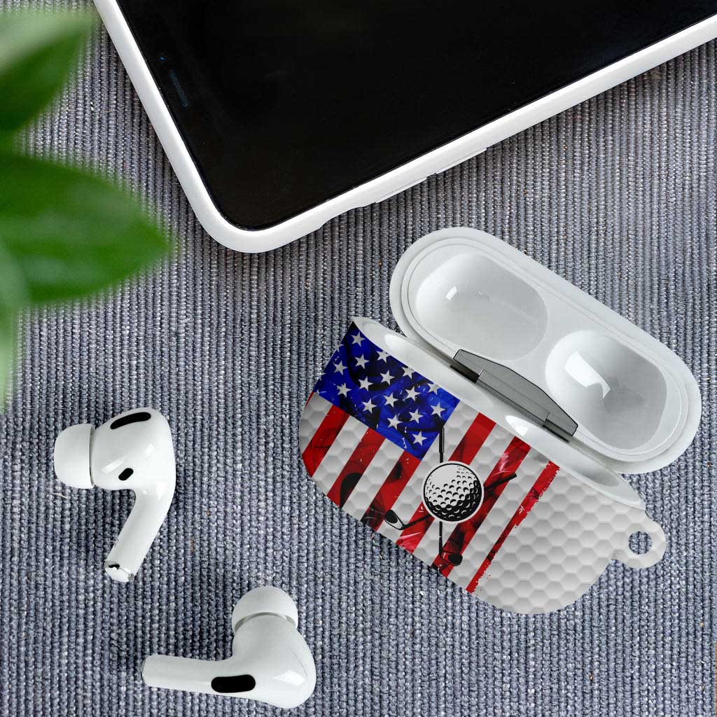 Golf Ball and Clubs AirPods Case with American Flag Smoke Effect and Hexagon Pattern - Wonder Print Shop