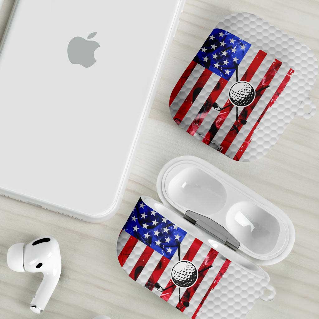 Golf Ball and Clubs AirPods Case with American Flag Smoke Effect and Hexagon Pattern - Wonder Print Shop