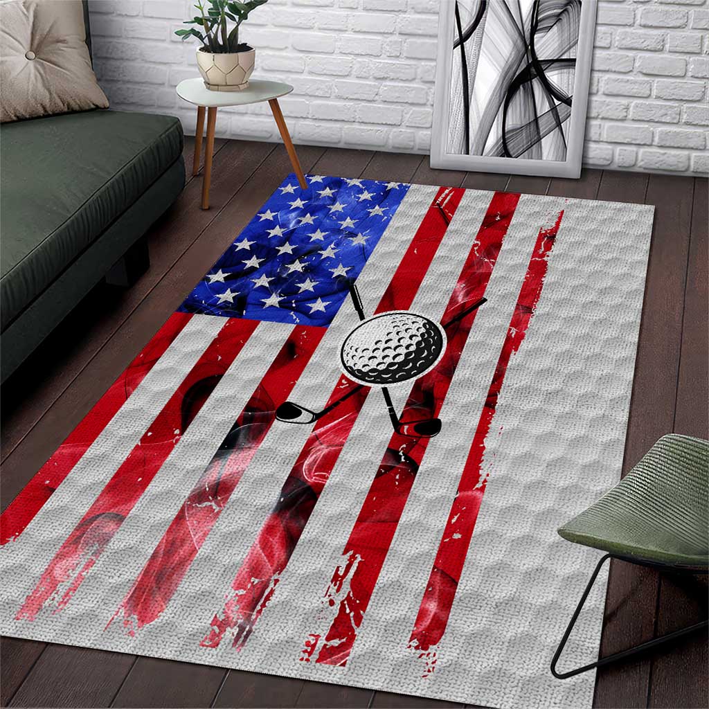 Golf Ball and Clubs Area Rug with American Flag Smoke Effect and Hexagon Pattern - Wonder Print Shop