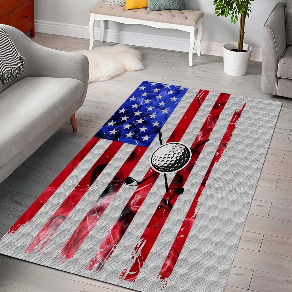 Golf Ball and Clubs Area Rug with American Flag Smoke Effect and Hexagon Pattern - Wonder Print Shop