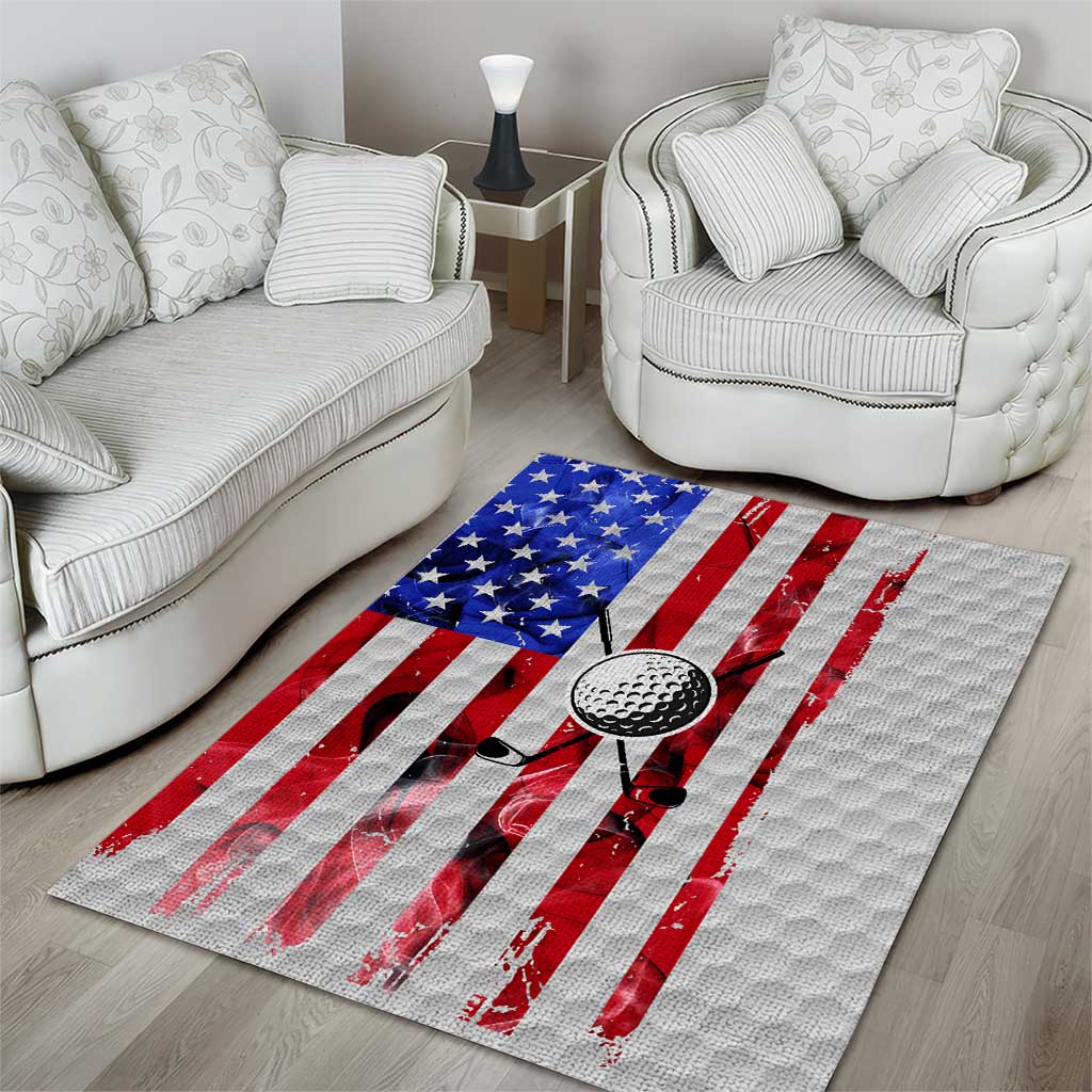 Golf Ball and Clubs Area Rug with American Flag Smoke Effect and Hexagon Pattern - Wonder Print Shop