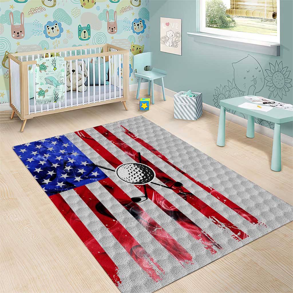 Golf Ball and Clubs Area Rug with American Flag Smoke Effect and Hexagon Pattern - Wonder Print Shop