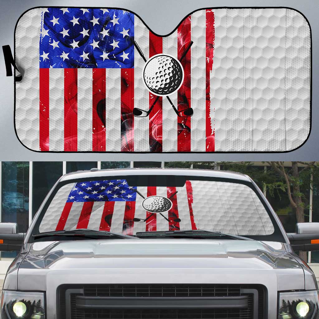 Golf Ball and Clubs Auto Sun Shade with American Flag Smoke Effect and Hexagon Pattern - Wonder Print Shop