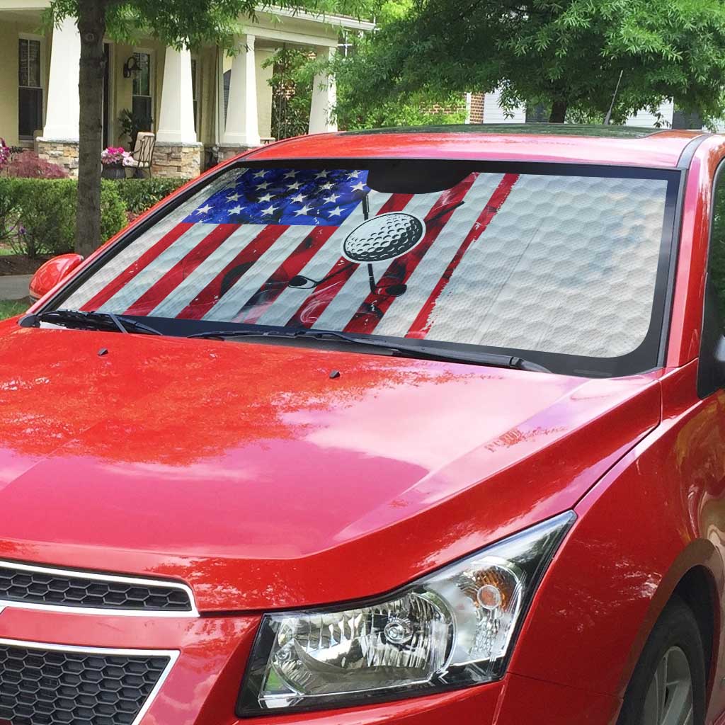 Golf Ball and Clubs Auto Sun Shade with American Flag Smoke Effect and Hexagon Pattern - Wonder Print Shop