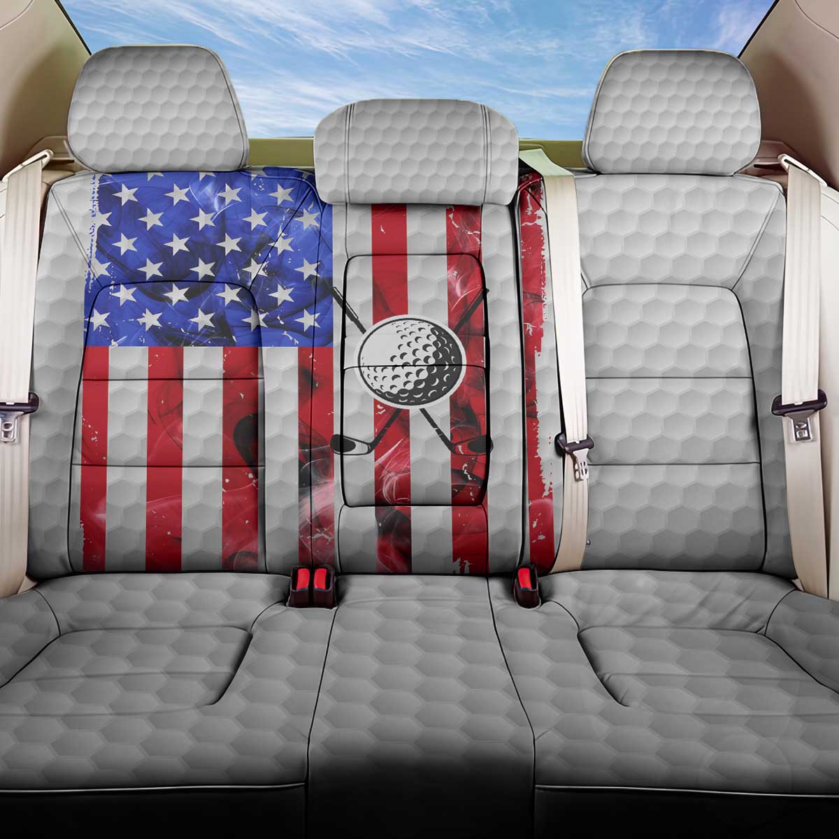 Golf Ball and Clubs Back Car Seat Cover with American Flag Smoke Effect and Hexagon Pattern - Wonder Print Shop