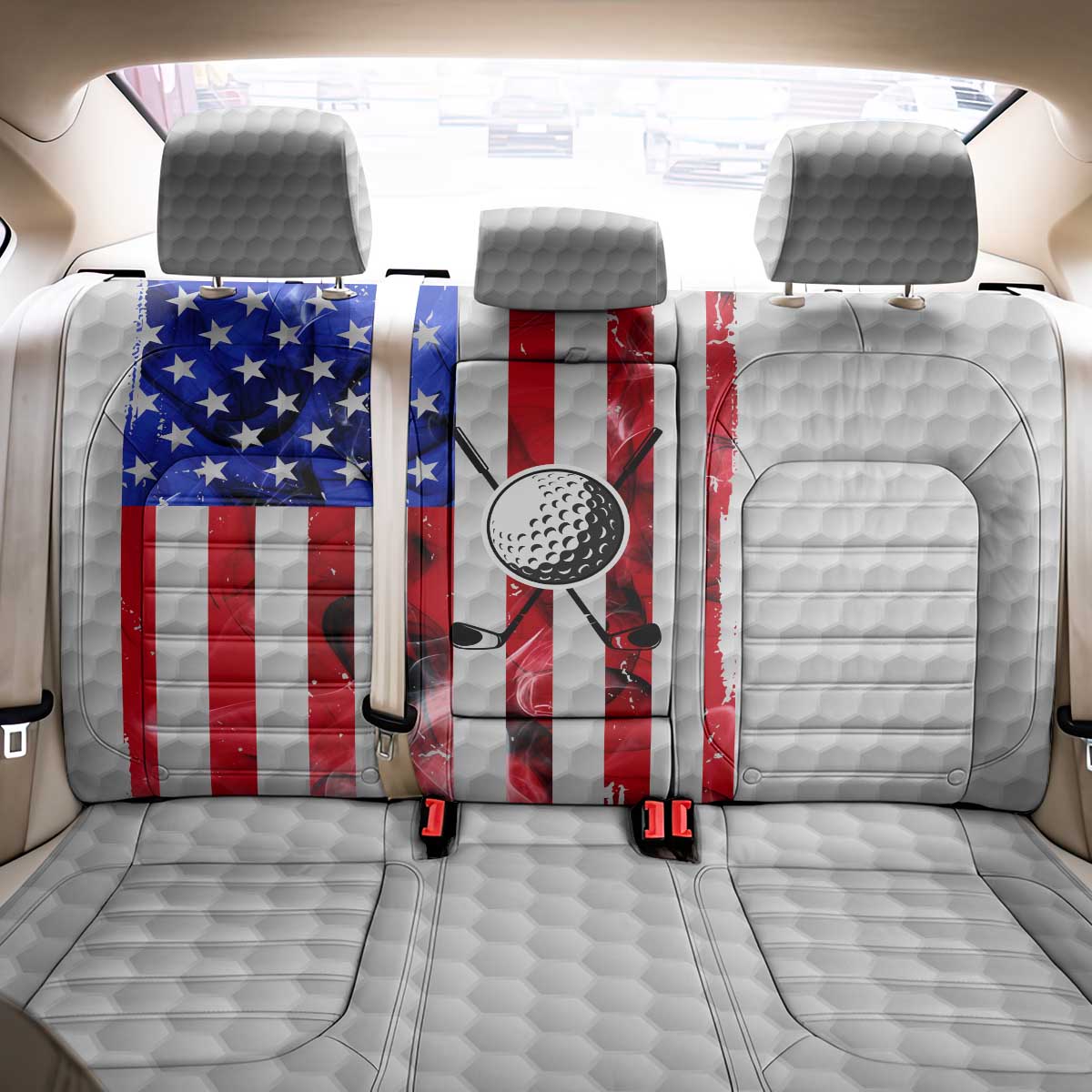 Golf Ball and Clubs Back Car Seat Cover with American Flag Smoke Effect and Hexagon Pattern - Wonder Print Shop