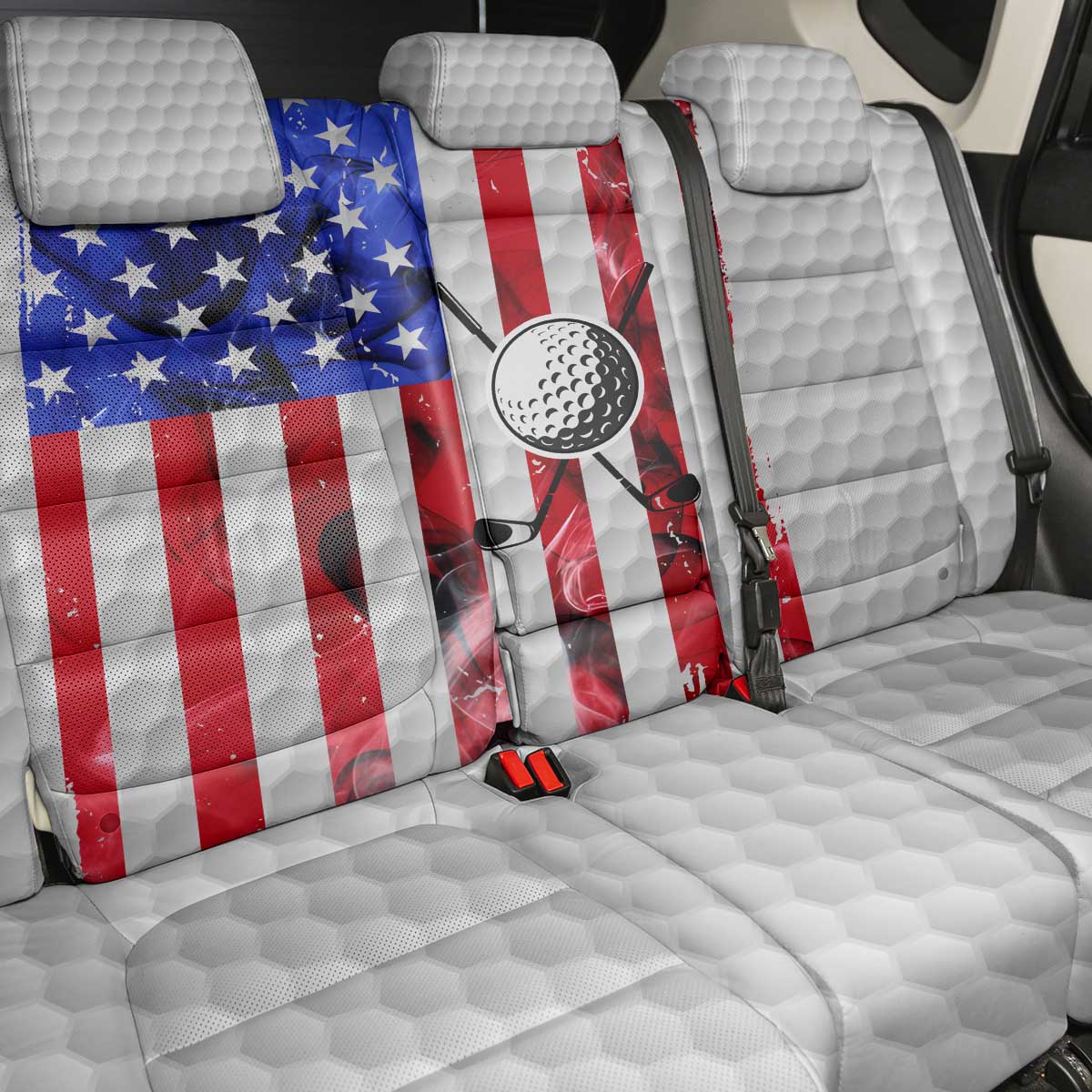 Golf Ball and Clubs Back Car Seat Cover with American Flag Smoke Effect and Hexagon Pattern - Wonder Print Shop