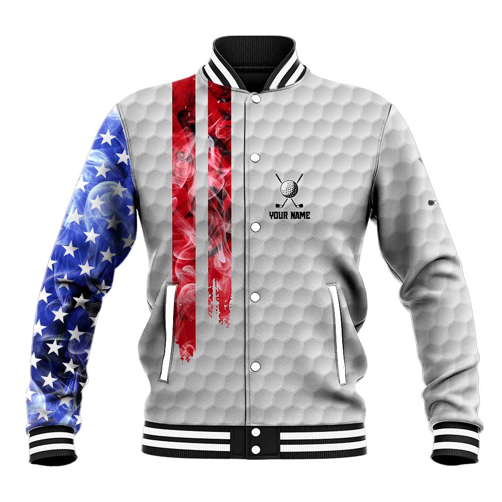 Custom Golf Ball and Clubs Baseball Jacket with American Flag Smoke Effect and Hexagon Pattern - Wonder Print Shop