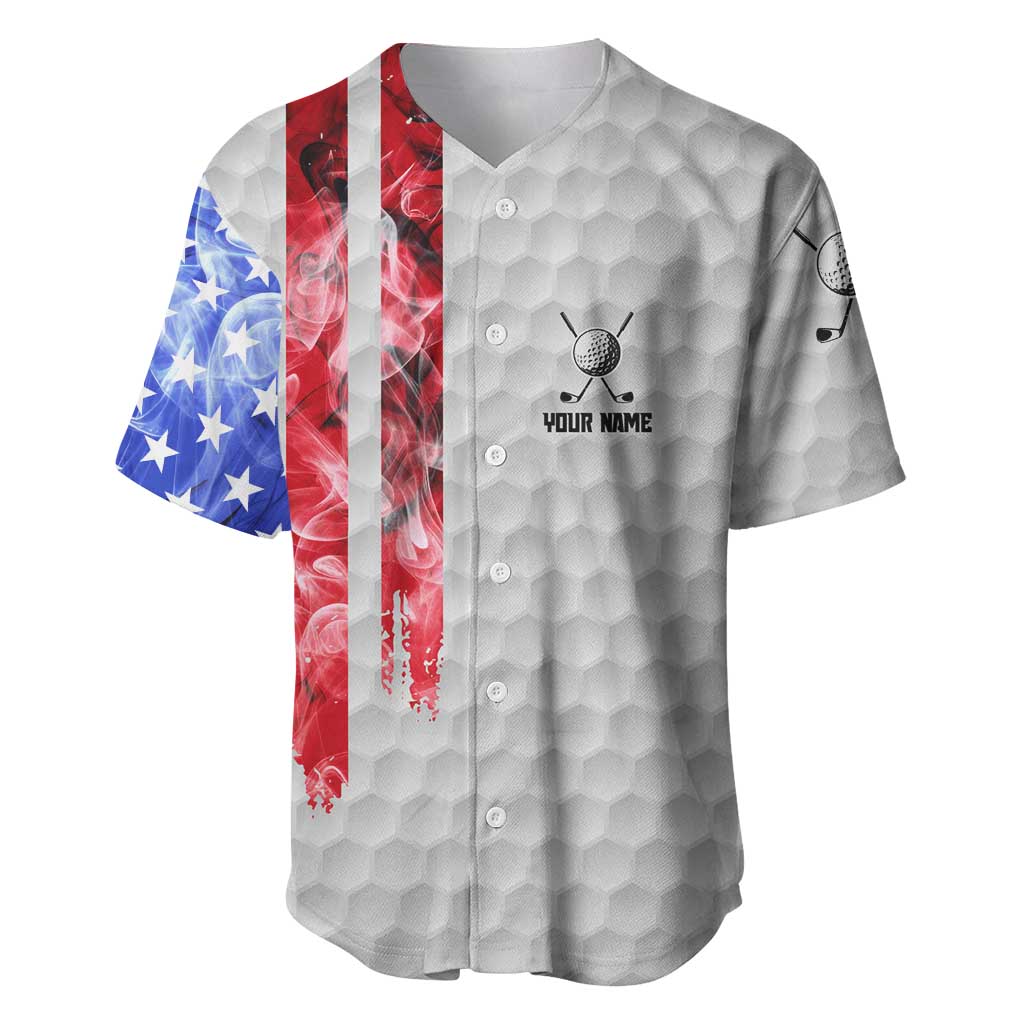 Custom Golf Ball and Clubs Baseball Jersey with American Flag Smoke Effect and Hexagon Pattern - Wonder Print Shop