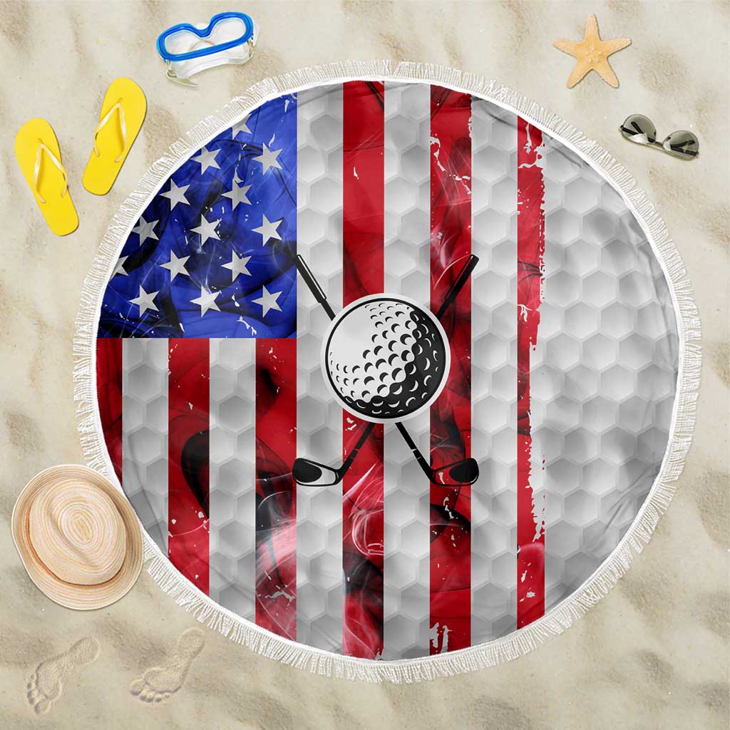 Golf Ball and Clubs Beach Blanket with American Flag Smoke Effect and Hexagon Pattern - Wonder Print Shop