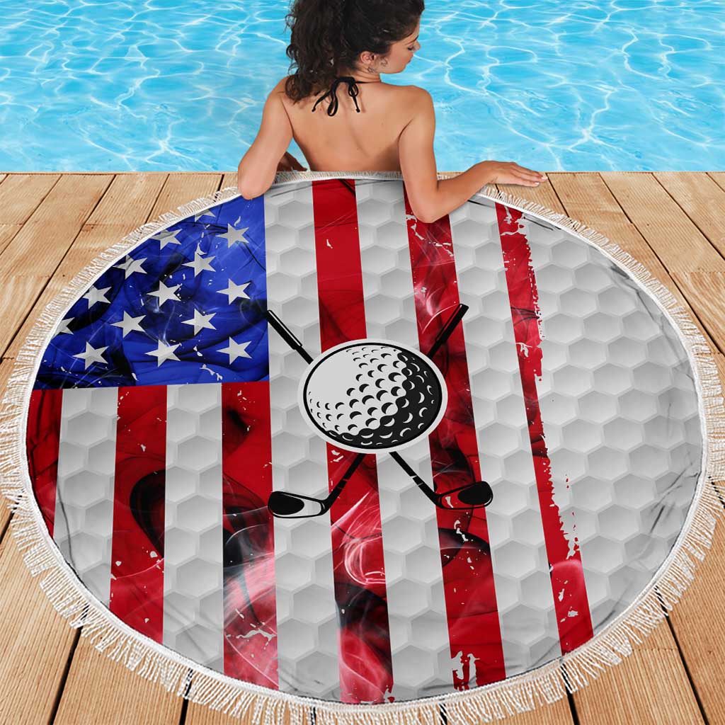 Golf Ball and Clubs Beach Blanket with American Flag Smoke Effect and Hexagon Pattern - Wonder Print Shop