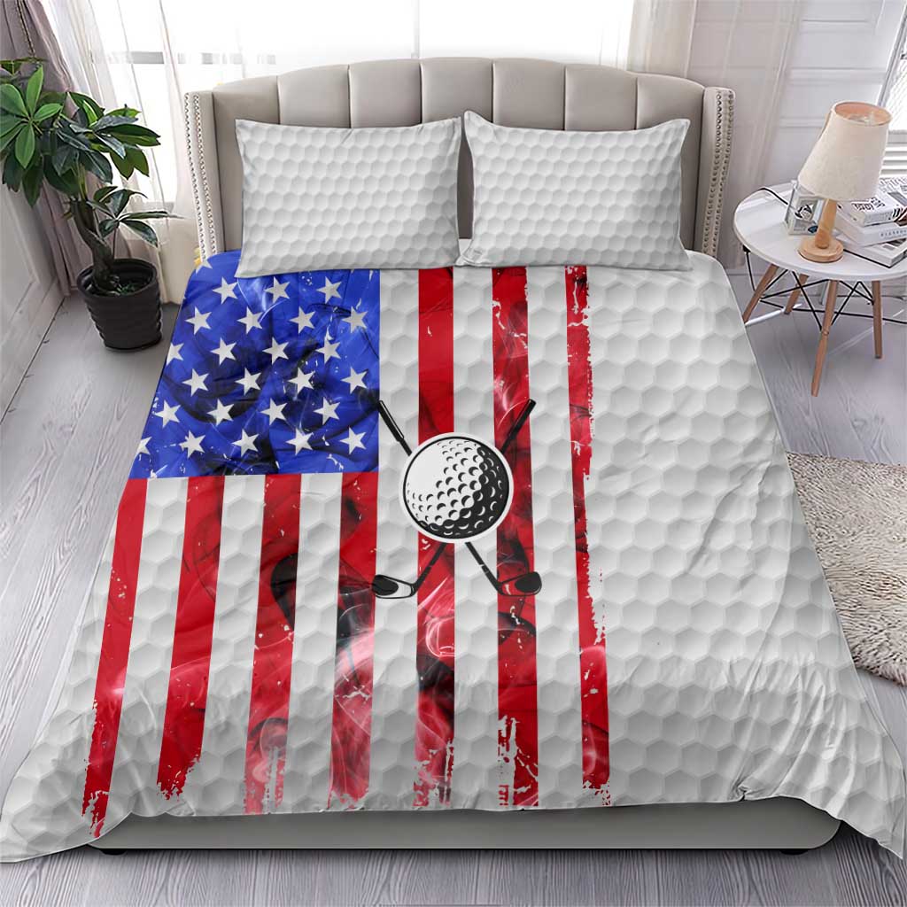 Golf Ball and Clubs Bedding Set with American Flag Smoke Effect and Hexagon Pattern - Wonder Print Shop