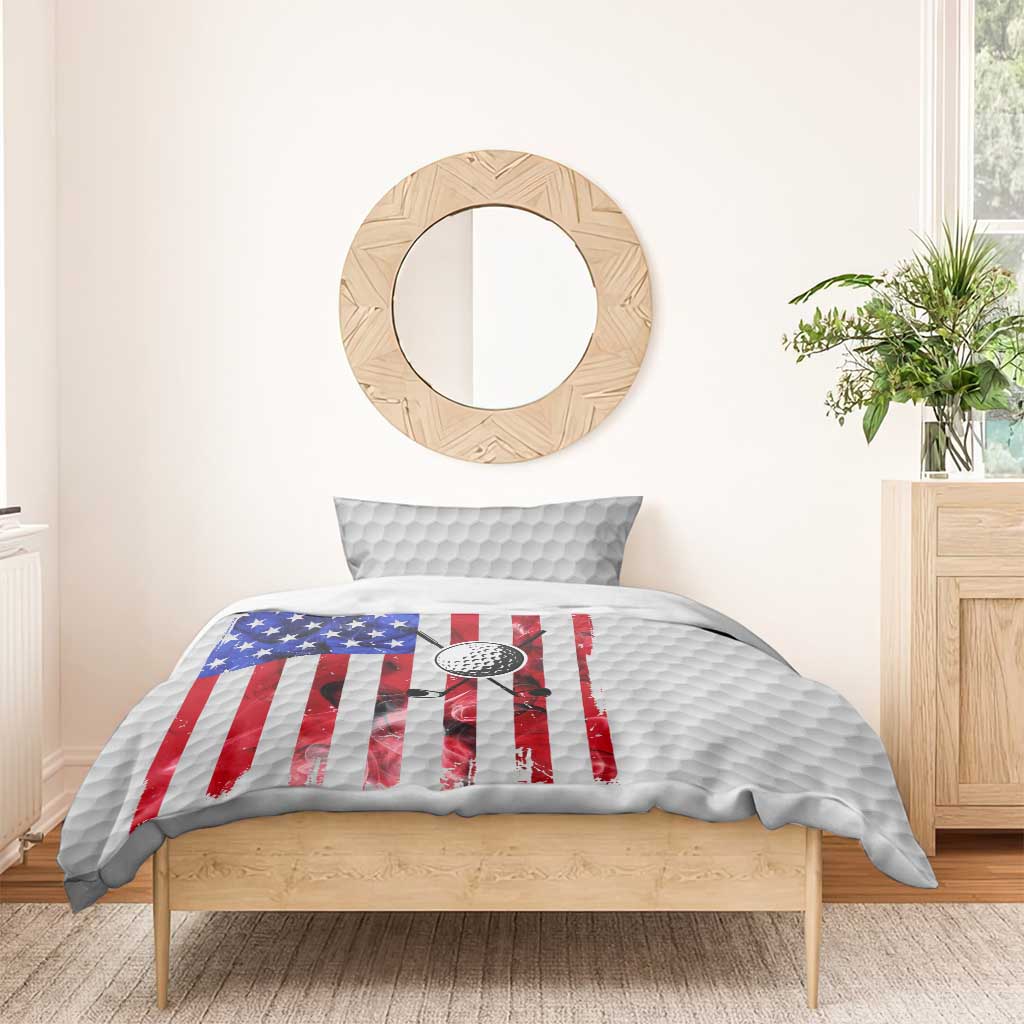 Golf Ball and Clubs Bedding Set with American Flag Smoke Effect and Hexagon Pattern - Wonder Print Shop