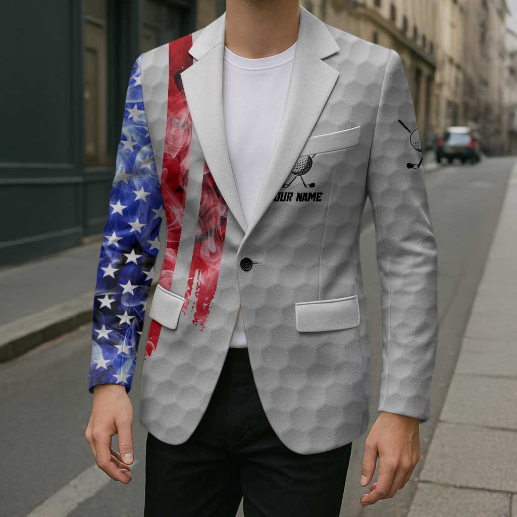 Custom Golf Ball and Clubs Blazer with American Flag Smoke Effect and Hexagon Pattern - Wonder Print Shop