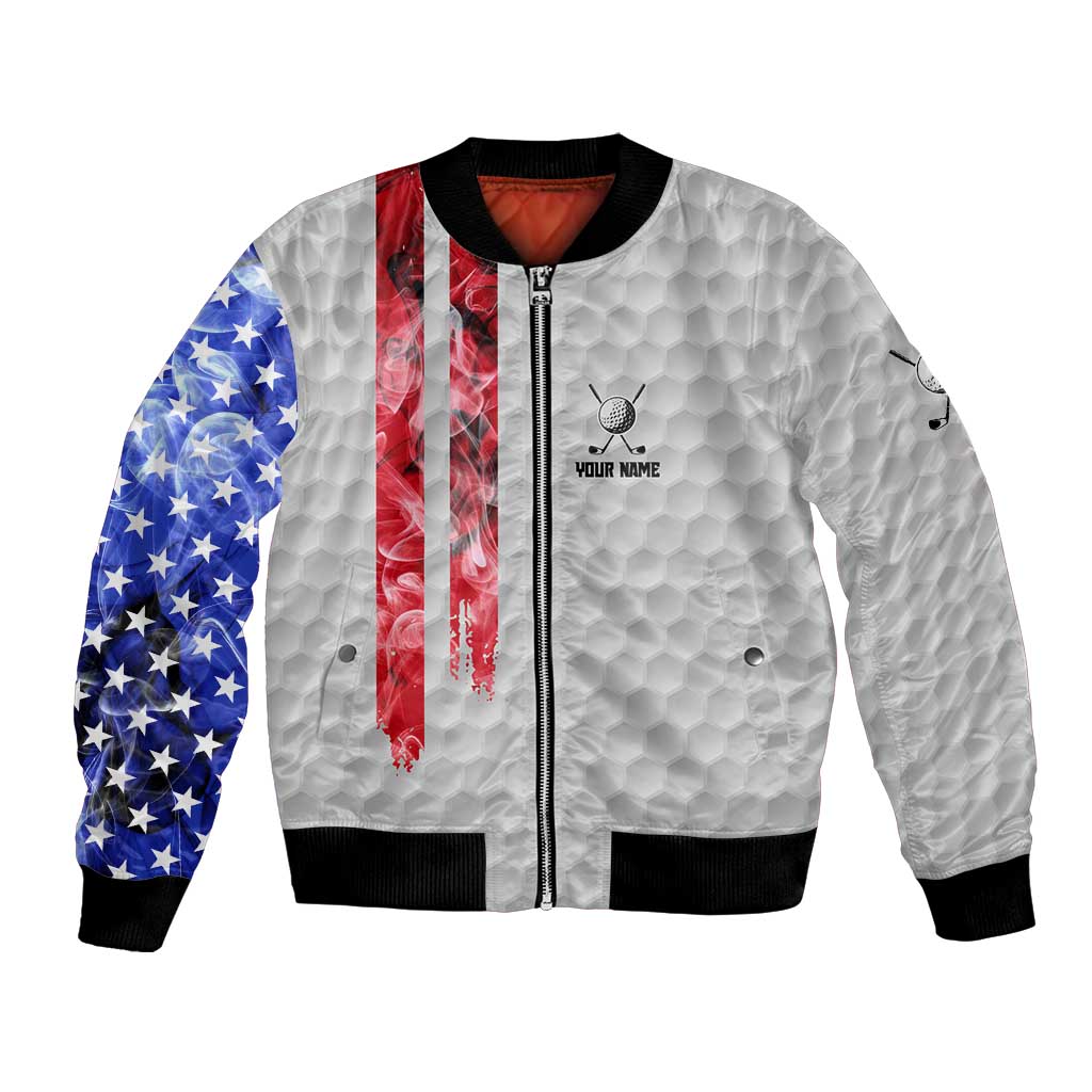 Custom Golf Ball and Clubs Bomber Jacket with American Flag Smoke Effect and Hexagon Pattern - Wonder Print Shop