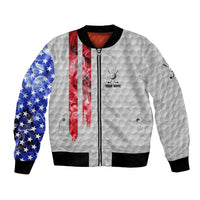 Custom Golf Ball and Clubs Bomber Jacket with American Flag Smoke Effect and Hexagon Pattern - Wonder Print Shop
